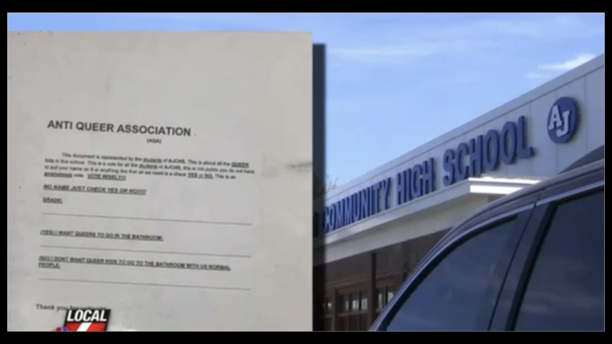 The "survey" asking if "queers" should use the bathroom with "normal people" was passed around Anna-Jonesboro Community High School.