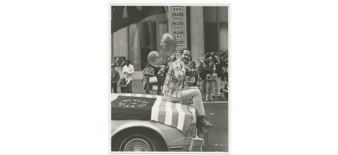 Leonard Matlovich was seated on a Lambda American flag in the June 1979 San Francisco Pride parade.