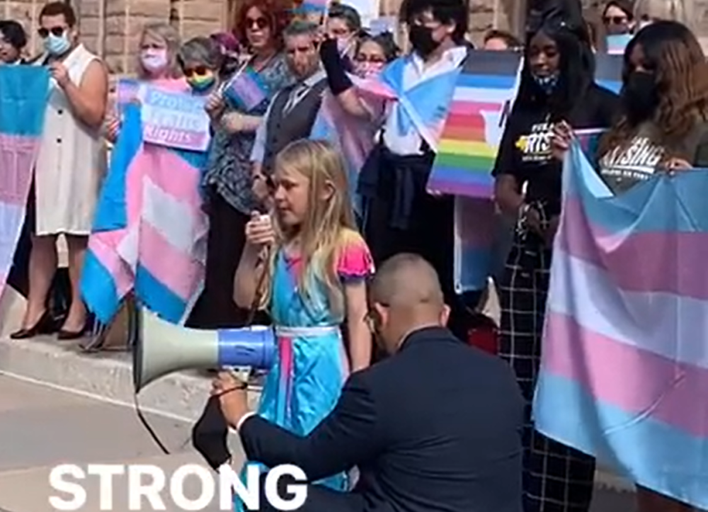 Kai Shappley inspiring trans activists at the Texas state legislature on October 6, 2021