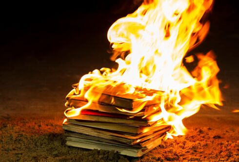 Mob of conservative mothers demand library burn Pride display books