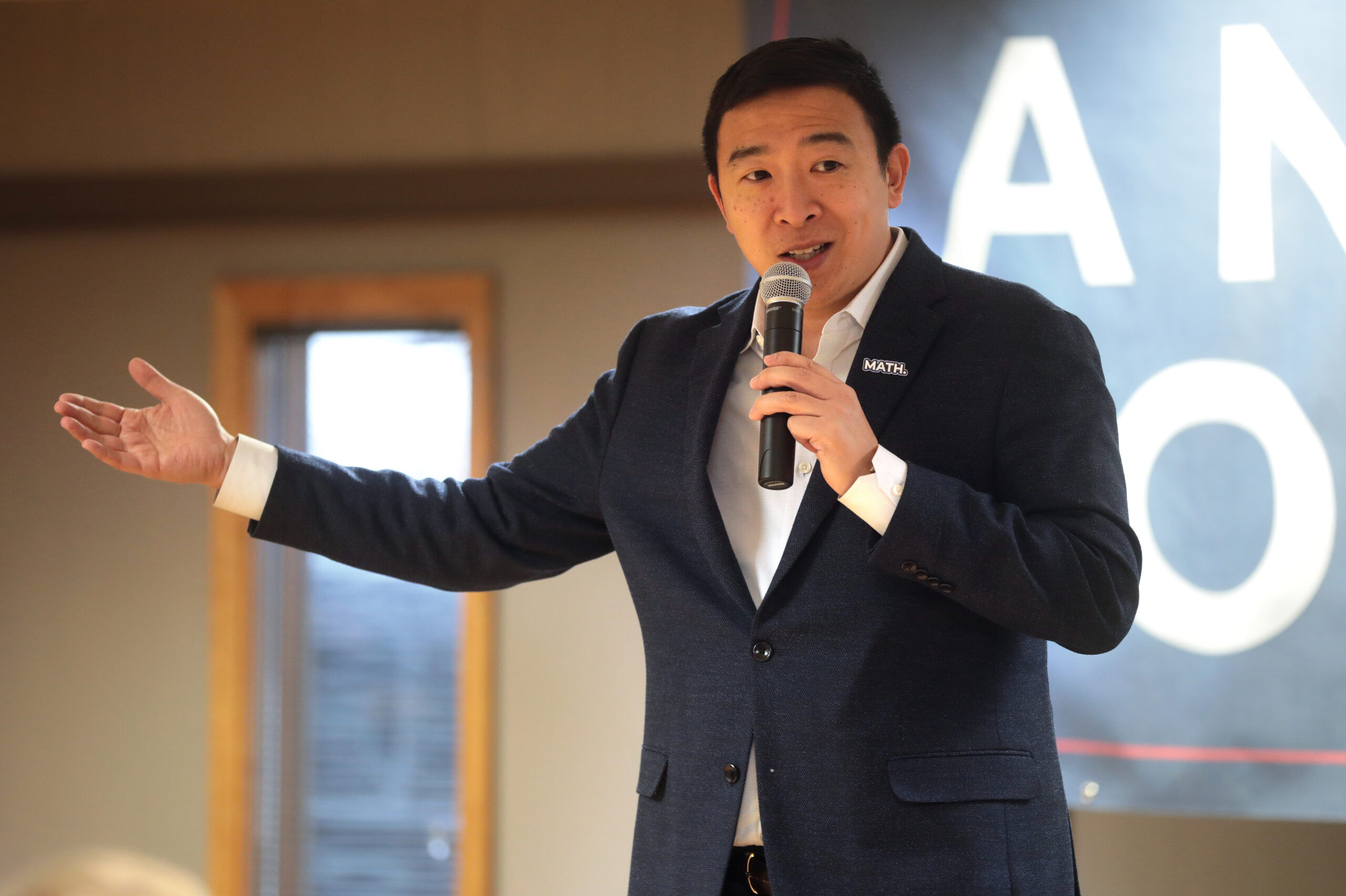 Andrew Yang speaking with supporters at a town hall at the American Legion Post 111 in Newton, Iowa on January 13, 2020