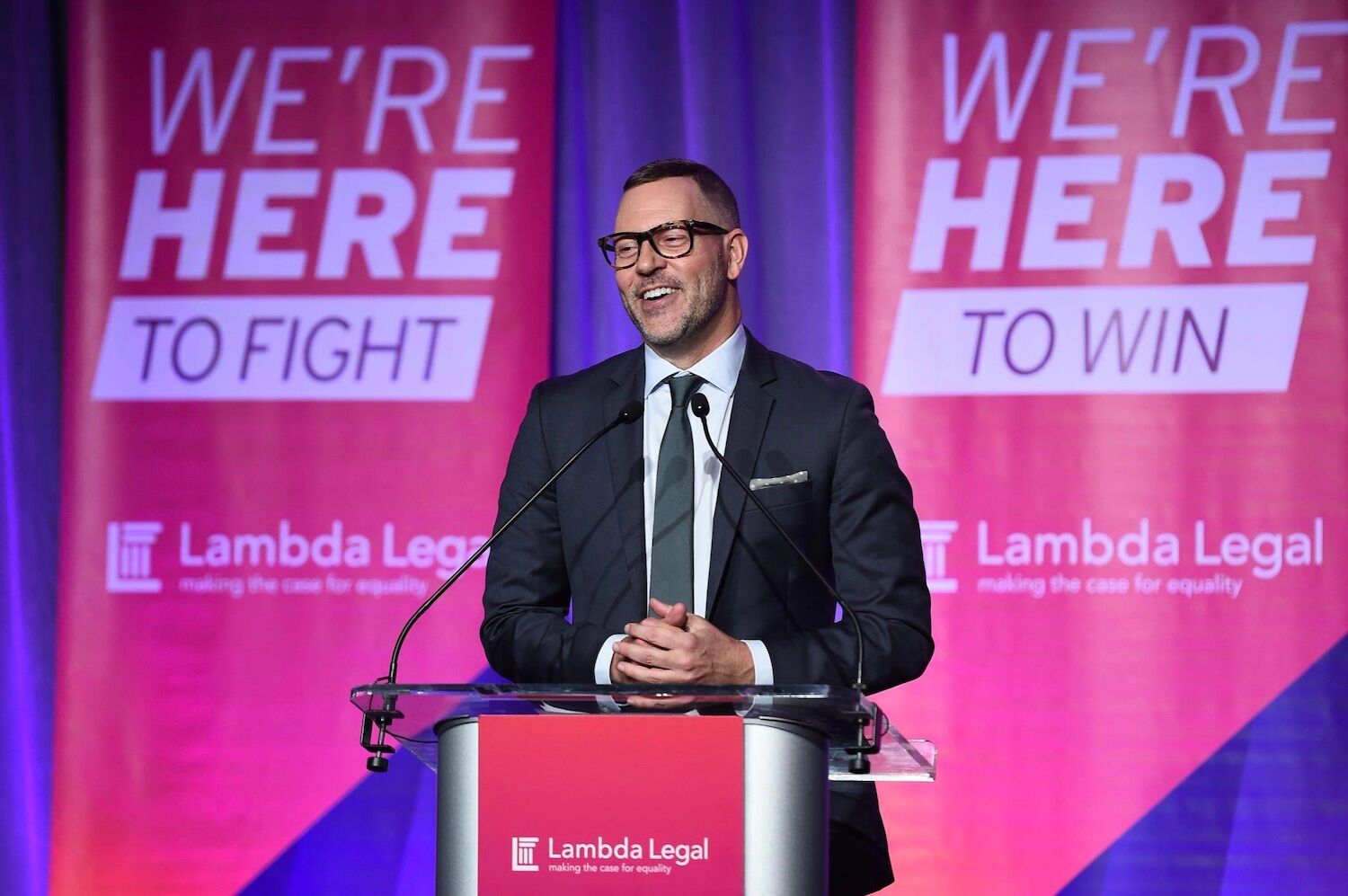Currey Cook addresses the audience at the 2019 Lambda Legal National Liberty Awards. Photo via Getty Images