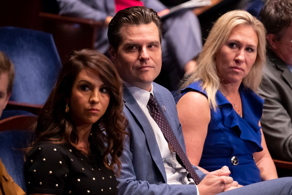 WASHINGTON, DC - OCTOBER 21: (L-R) Rep. Lauren Boebert (R-CO), Rep. Matt Gaetz (R-FL) and Rep. Marjorie Taylor Greene (R-GA) attend a House Judiciary Committee hearing with testimony from U.S. Attorney General Merrick Garland at the U.S. Capitol on October 21, 2021 in Washington, DC.