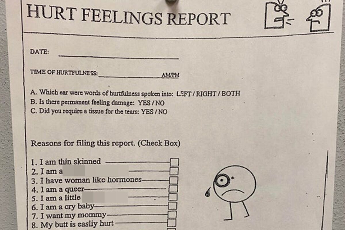A closeup of the offensive "hurt feelings report" found in an employee breakroom