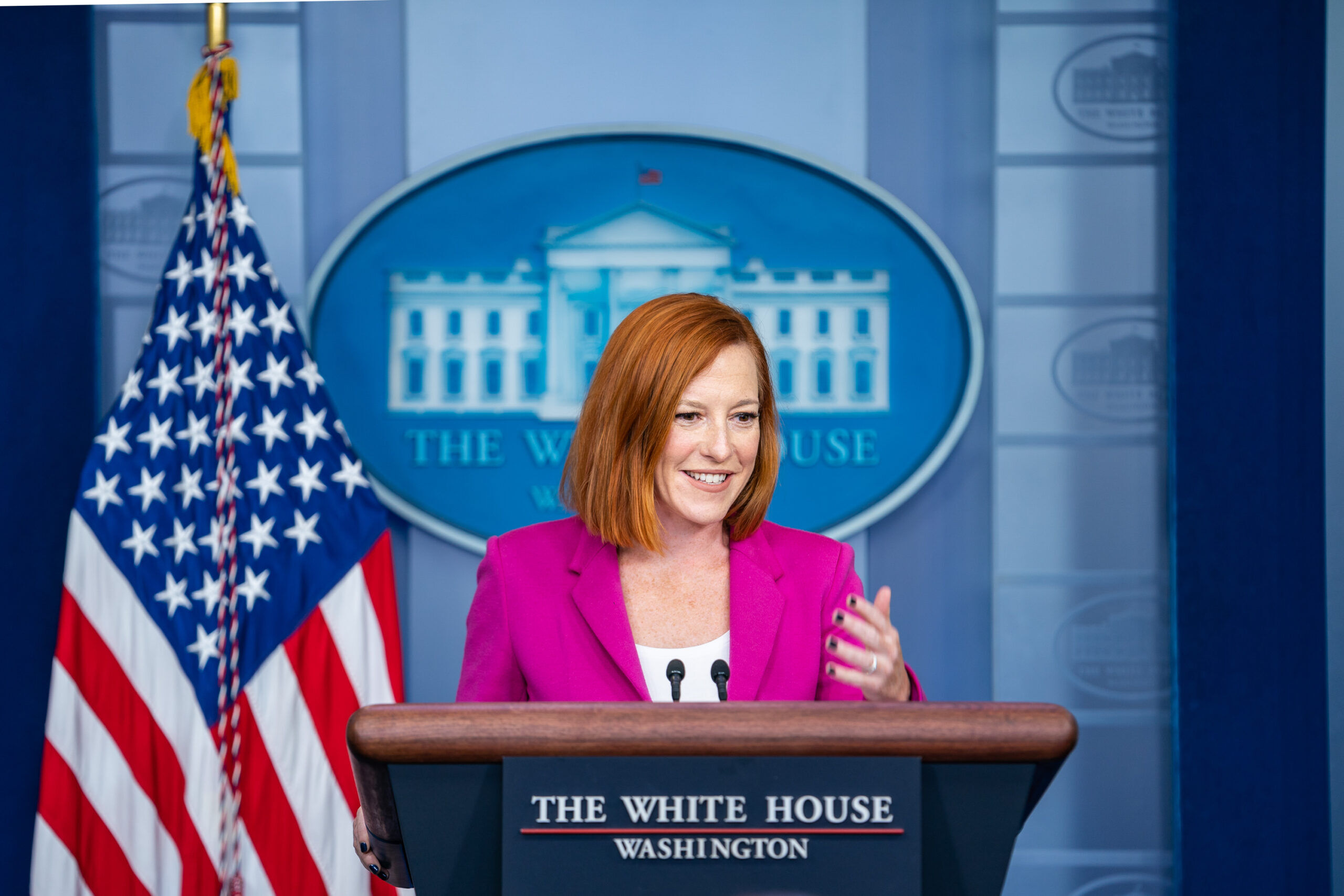 Press Secretary Jen Psaki deliver remarks and answers questions from members of the press Friday, October 22, 2021, in the James S. Brady Press Briefing Room. (Official White House Photo by Katie Ricks)