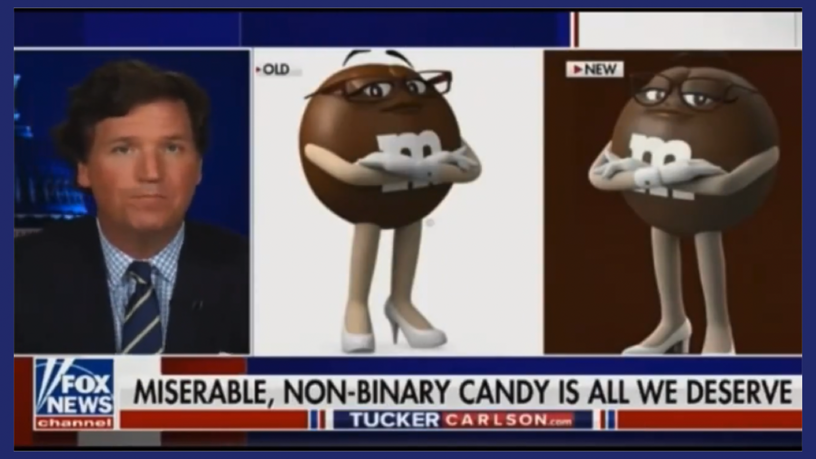 Tucker Carlson maligning the M&Ms as "Miserable, non-binary" while the Brown M&M is shown on screen.