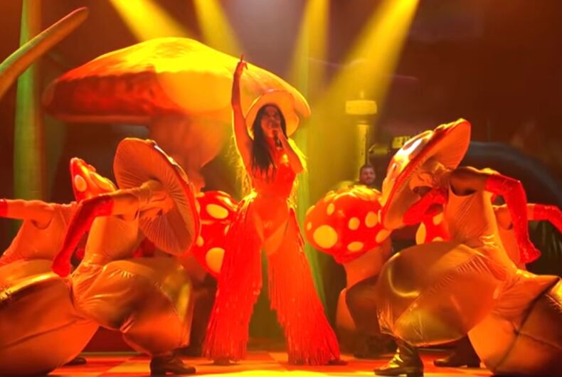 ABEFC85C-B9E8-4EF7-B7F5-2E47E964AA4C Katy Perry performing "When I'm Gone" on "Saturday Night Live" alongside mushroom-dressed dancers.