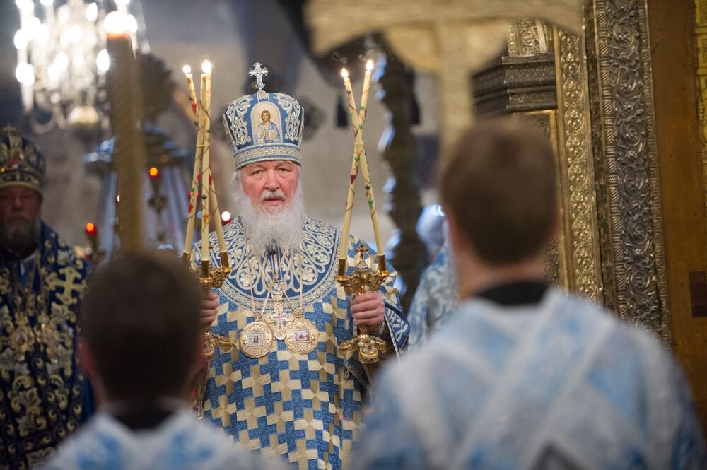 Moscow, Russia - 08 28 2017: Patriarch Kirill of Moscow and All Russia at a ceremony at the Assumption Cathedral in the Kremlin in Moscow.