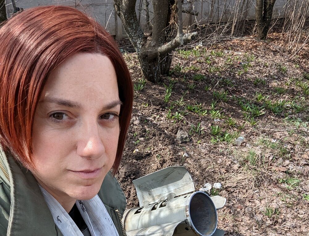 Sarah Ashton-Cirillo next to a Russian Smerch Rocket in Kharkiv, Ukraine - April 2022