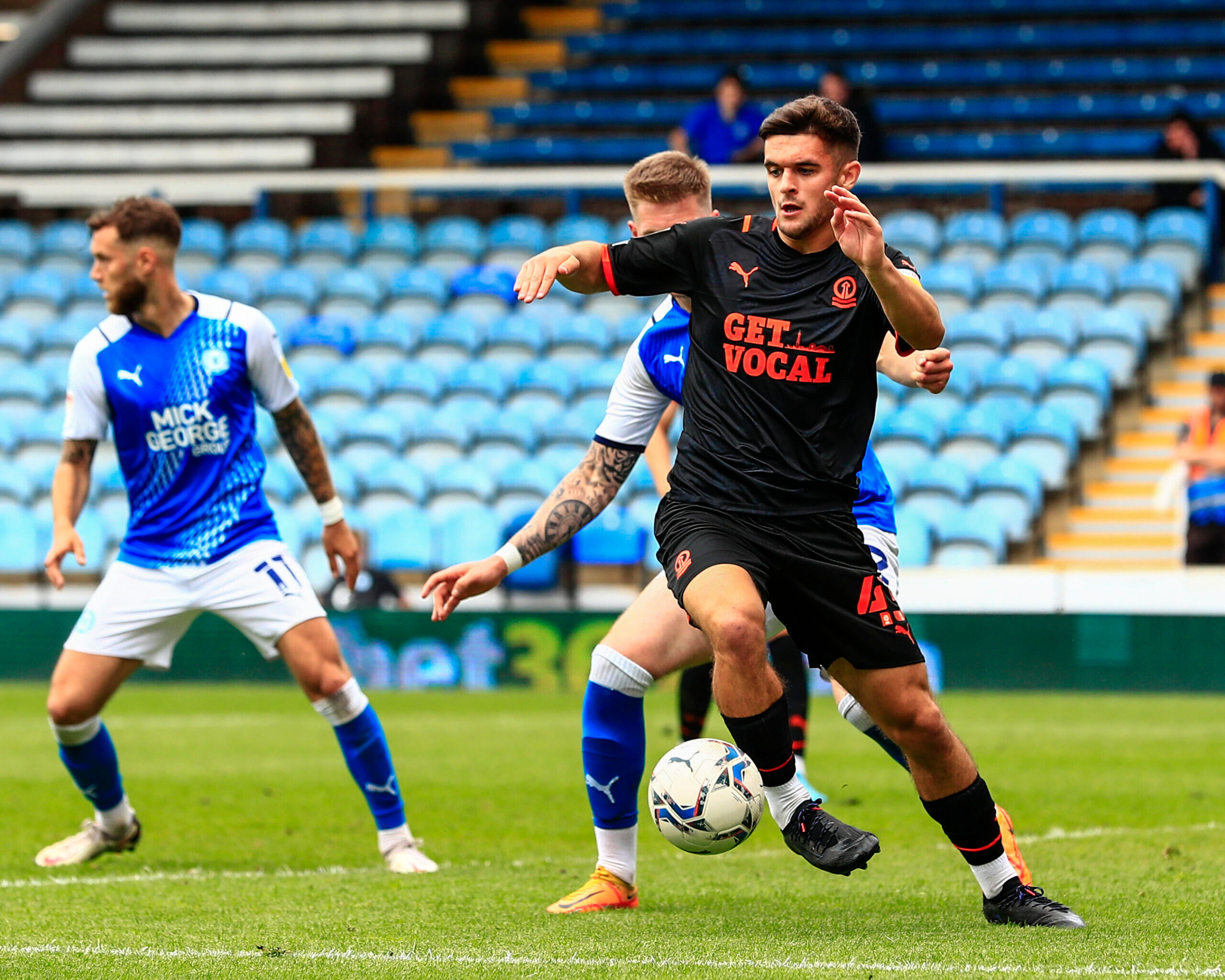 PETERBOROUGH, ENGLAND - MAY 07: Blackpool's Jake Daniels during the Sky Bet Championship match between Peterborough United and Blackpool at London Road Stadium on May 7, 2022 in Peterborough, England.