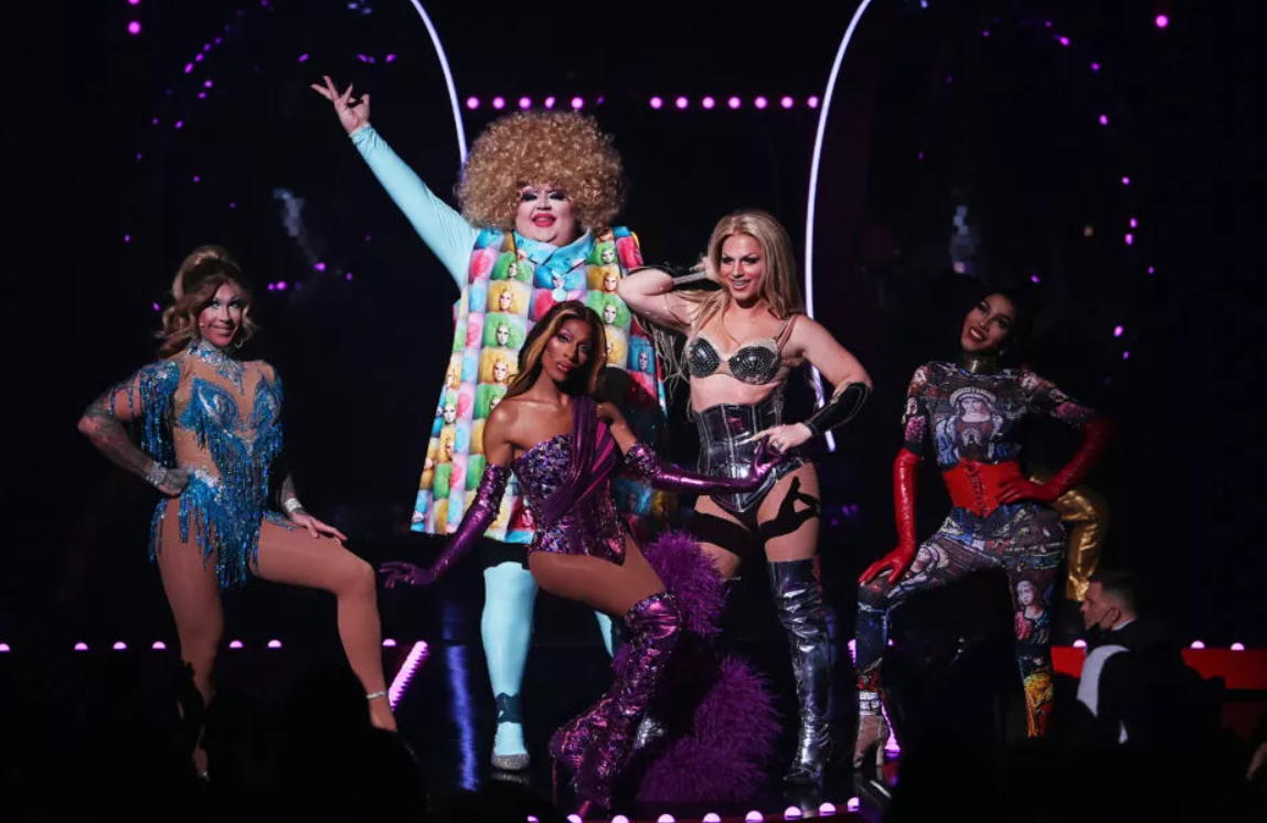 Drag queens Kameron Michaels, Eureka O'Hara, Jaida Essence Hall, Derrick Berry and Trinity K Bonet perform at RuPaul's Drag Race Live! at the Flamingo Las Vegas.