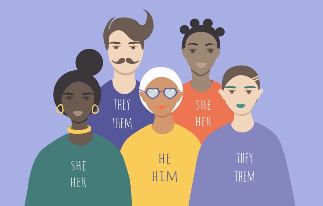 an illustration of a diverse group of people with various pronoun combinations labeled on their shirts