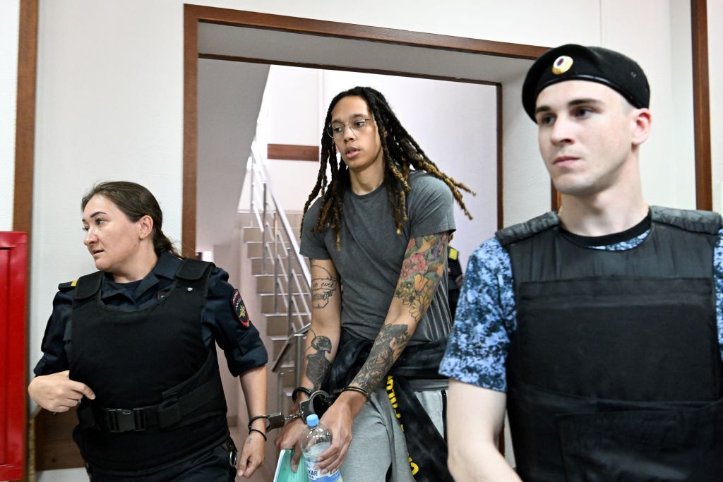 Brittney Griner arrives to a hearing at the Khimki Court, outside Moscow on June 27, 2022