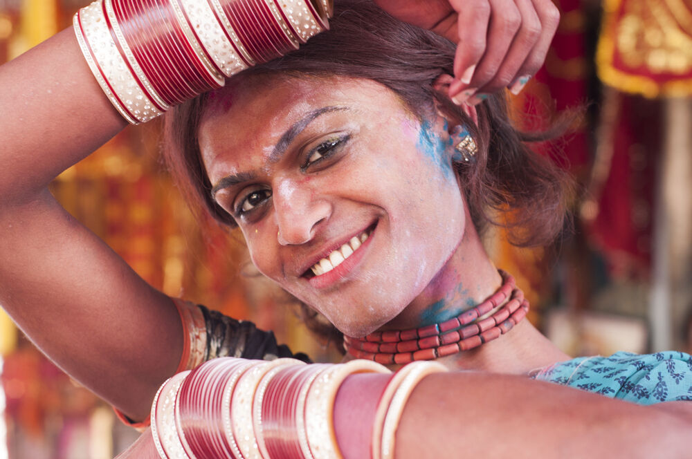 BARSANA, UTTAR PRADESH, INDIA 21 MARCH 2013 : Portrait of unidentified transgender or hijra celebrating the traditional and ritualistic Holi at Radha Rani temple.