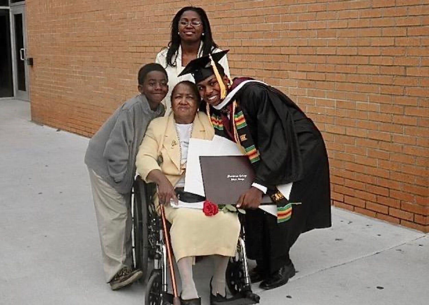 (clockwise from top) Mother Mariam LaTonya Alston-Greene, Brian Alston-Carter, grandmother Mary DeVaughn Lee-Alston (“Nana”), and youngest brother Tyler James Greene on graduation day from Morehouse College in Atlanta. Photo provided by Brian Alston-Carter