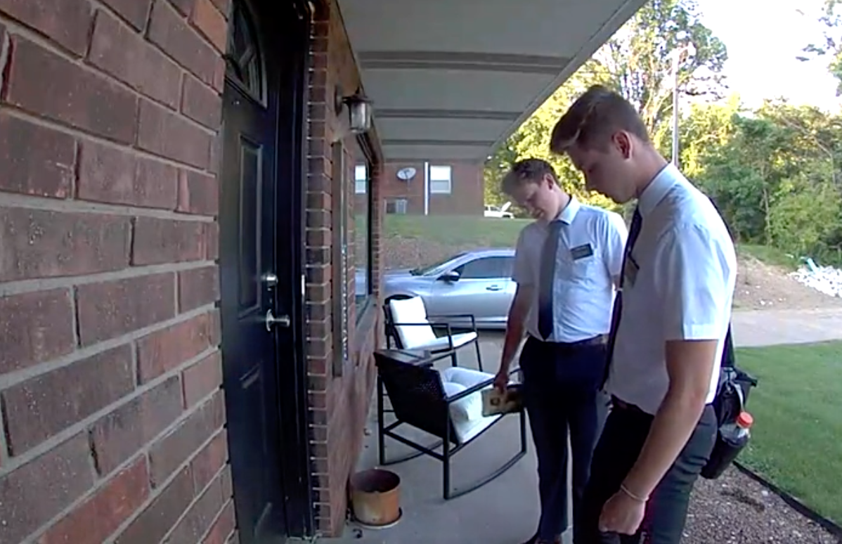 Mormon missionaries caught on video running away from a very gay doormat