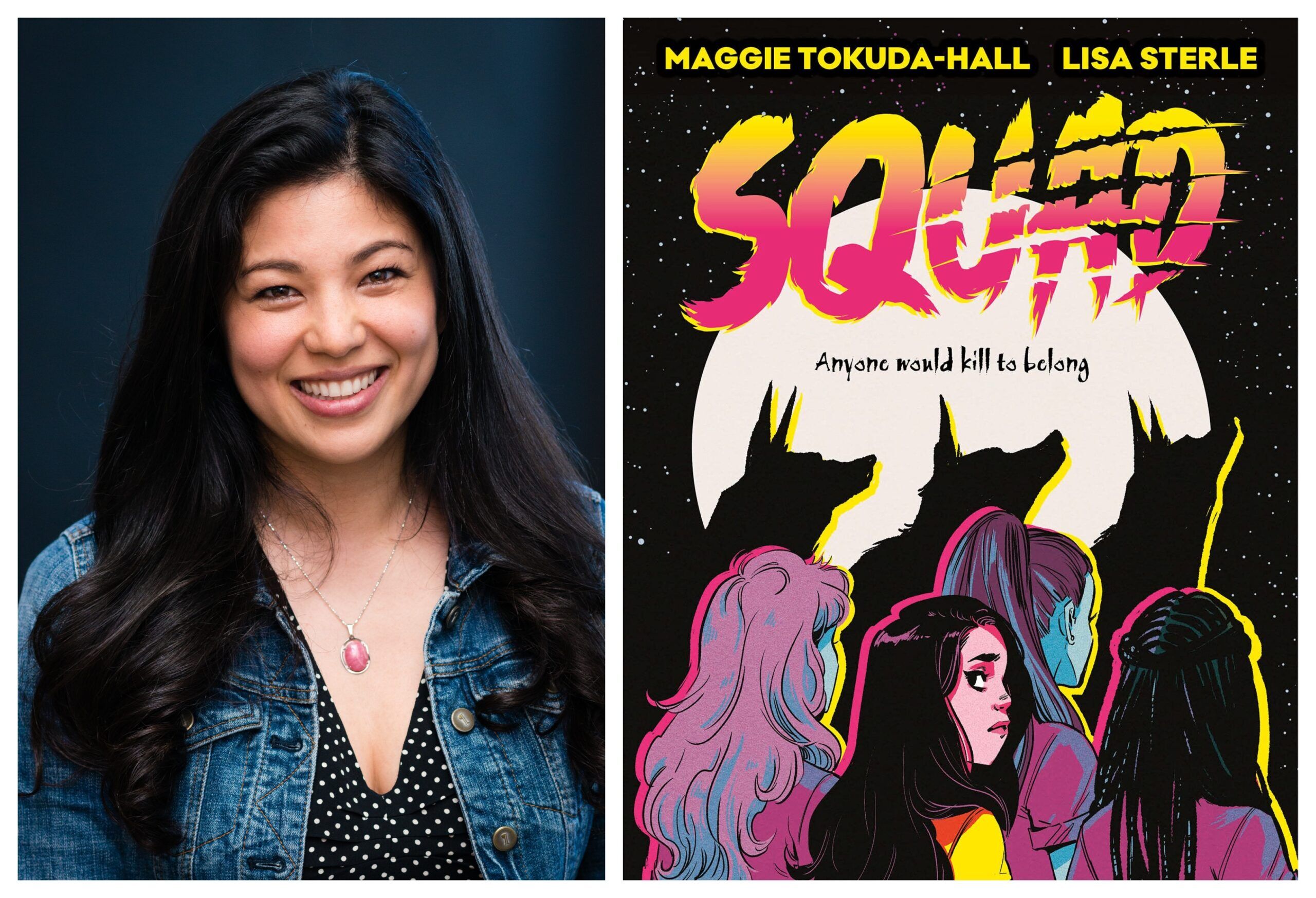 Maggie Tokuda-Hall and the cover of her graphic novel, Squad.