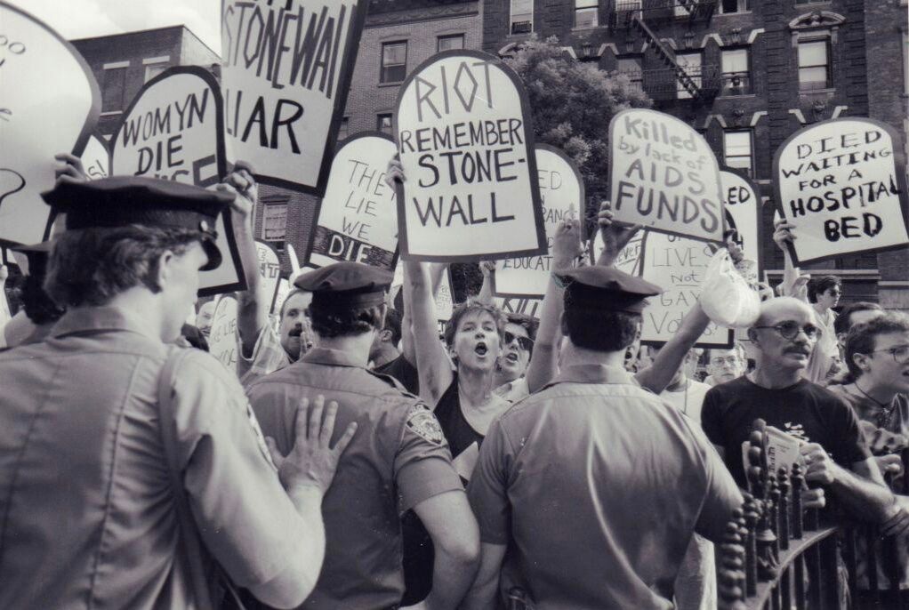 AIDS activists protest during the dedication ceremony of Stonewall Place on Christopher Street in Greenwich Village, New York City, on June 6, 1989. Photo by Erica Berger/Newsday RM via Getty Images.