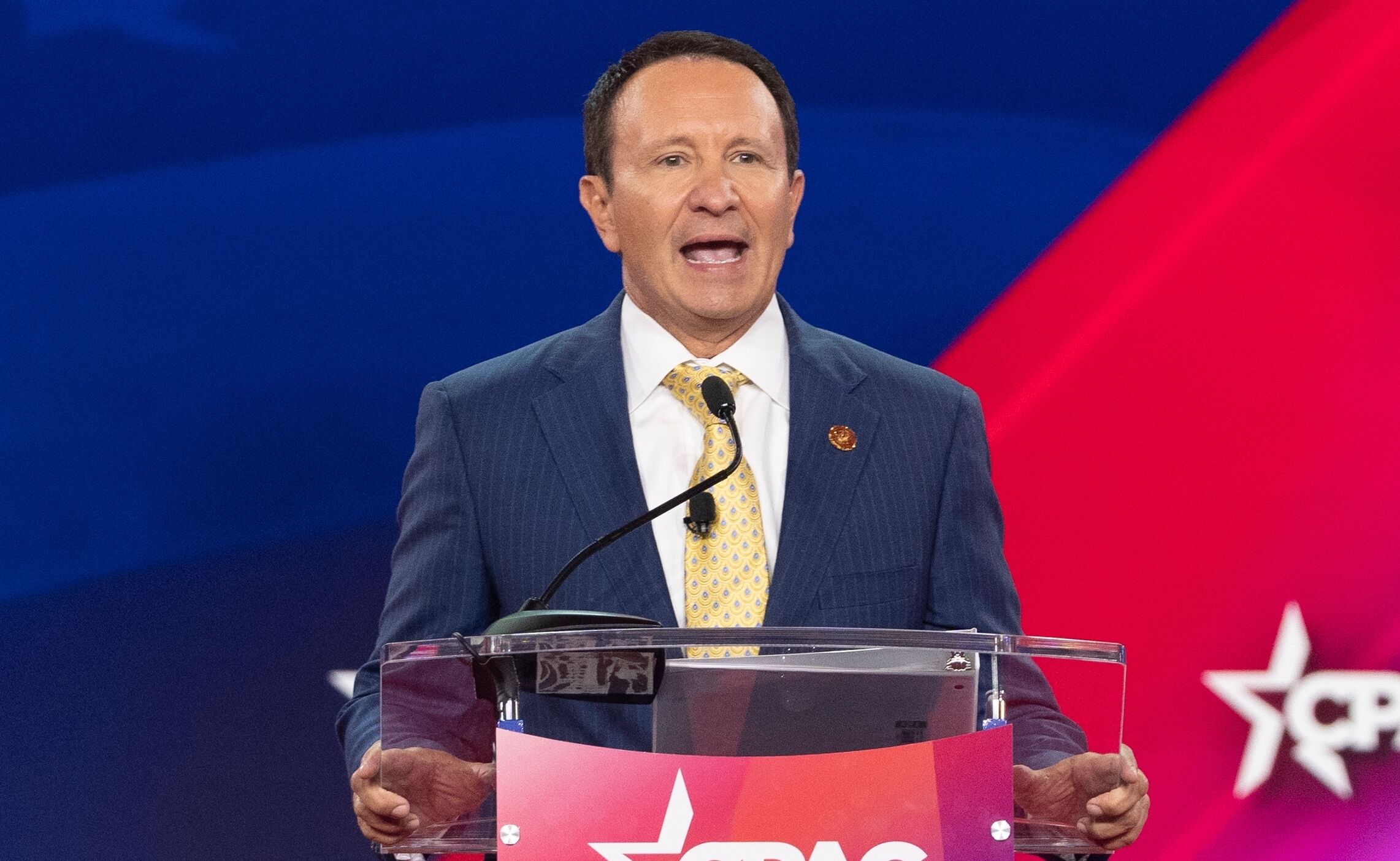 Dallas, TX - August 4, 2022: Louisiana Attorney General Jeff Landry speaks during CPAC Texas 2022 conference at Hilton Anatole, jeff-landry-louisiana-library-book-sexualize-children-online-reporting-form