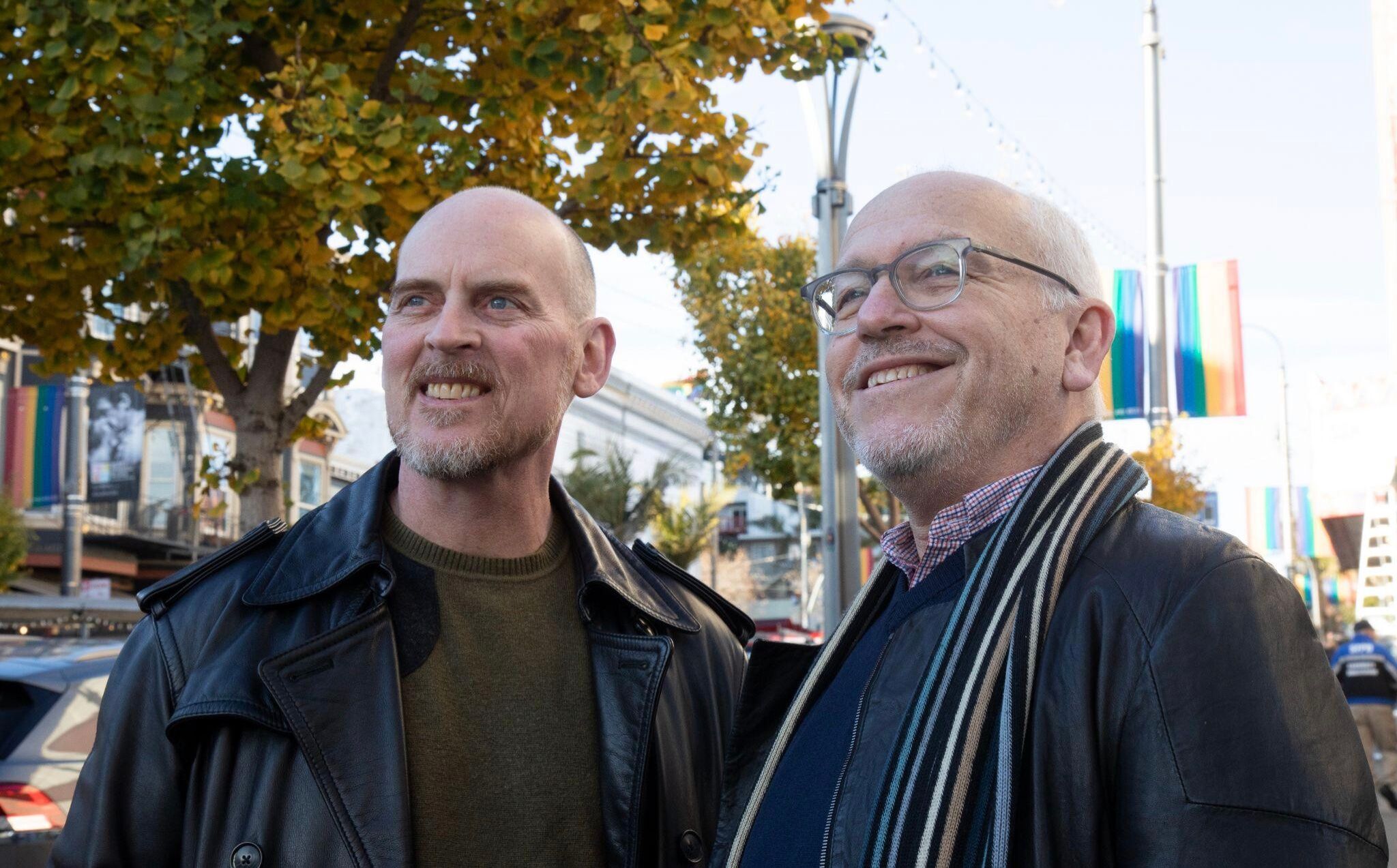 K.M. Soehnlein and Ron Goldberg in San Francisco’s Castro neighborhood. Photo by Marcel Pardo Ariza for LGBTQ Nation