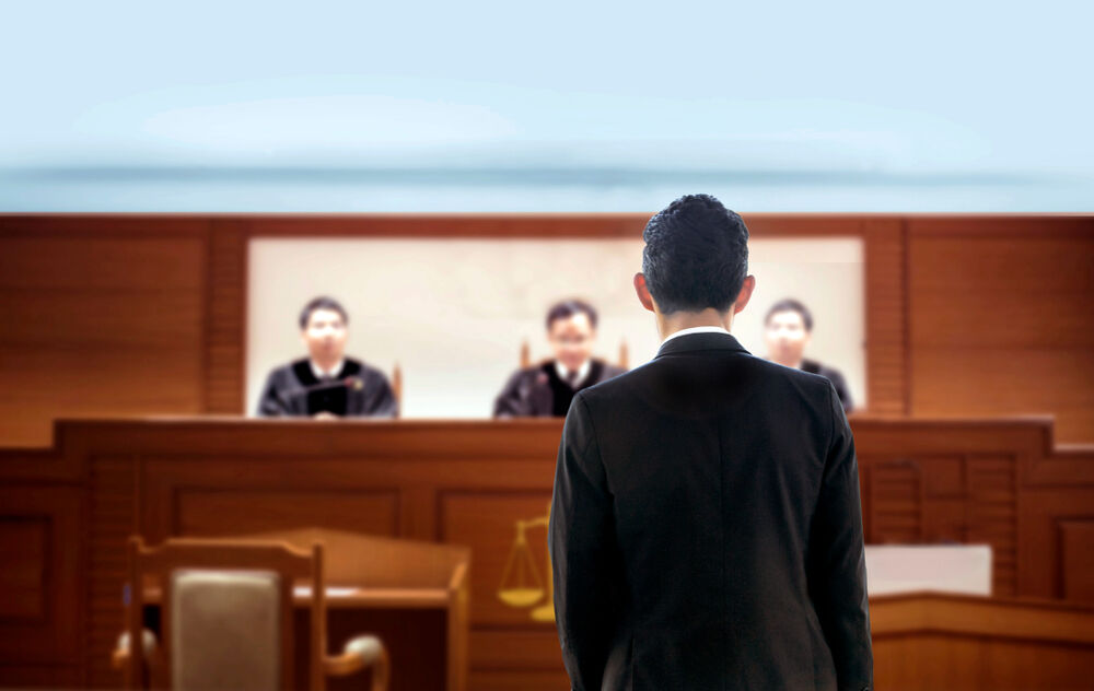 A lawyer in front of judges