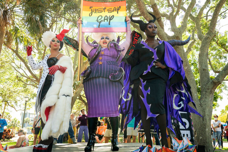 Shangela, Eureka, and Bob the Drag Queen at a Just Say Gay rally in Brevard County, Florida. Photo by Greg Endries/HBO