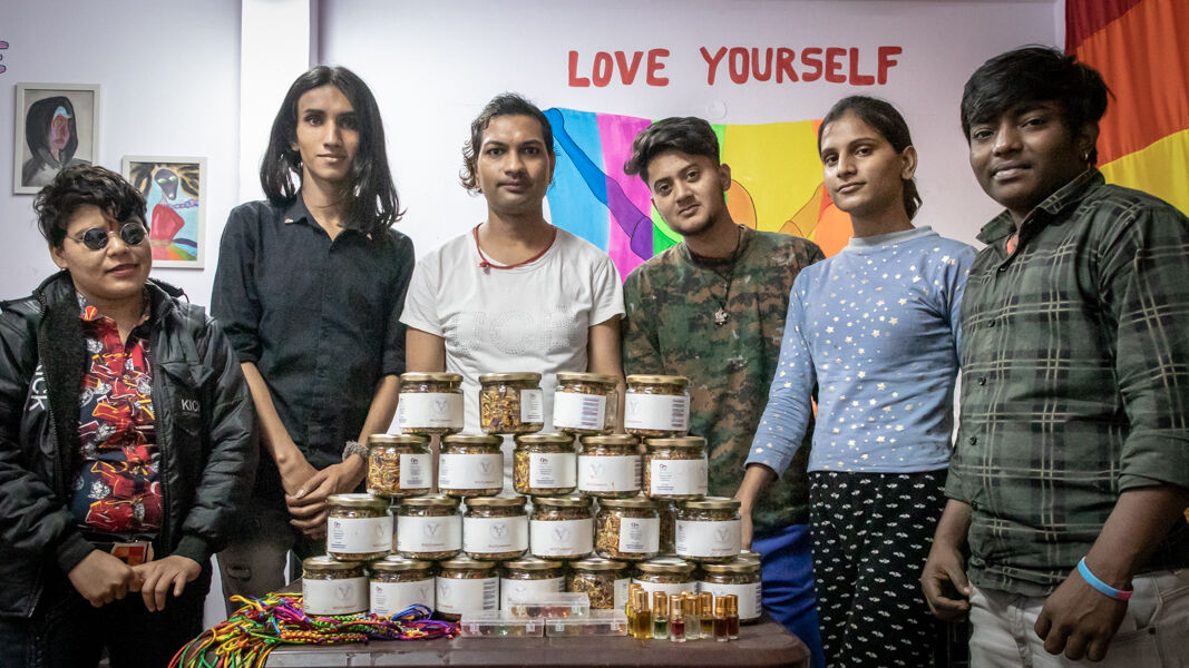 Priyanka and co-residents pose for a photograph with the latest products prepared for the upcoming exhibition at Garima Greh