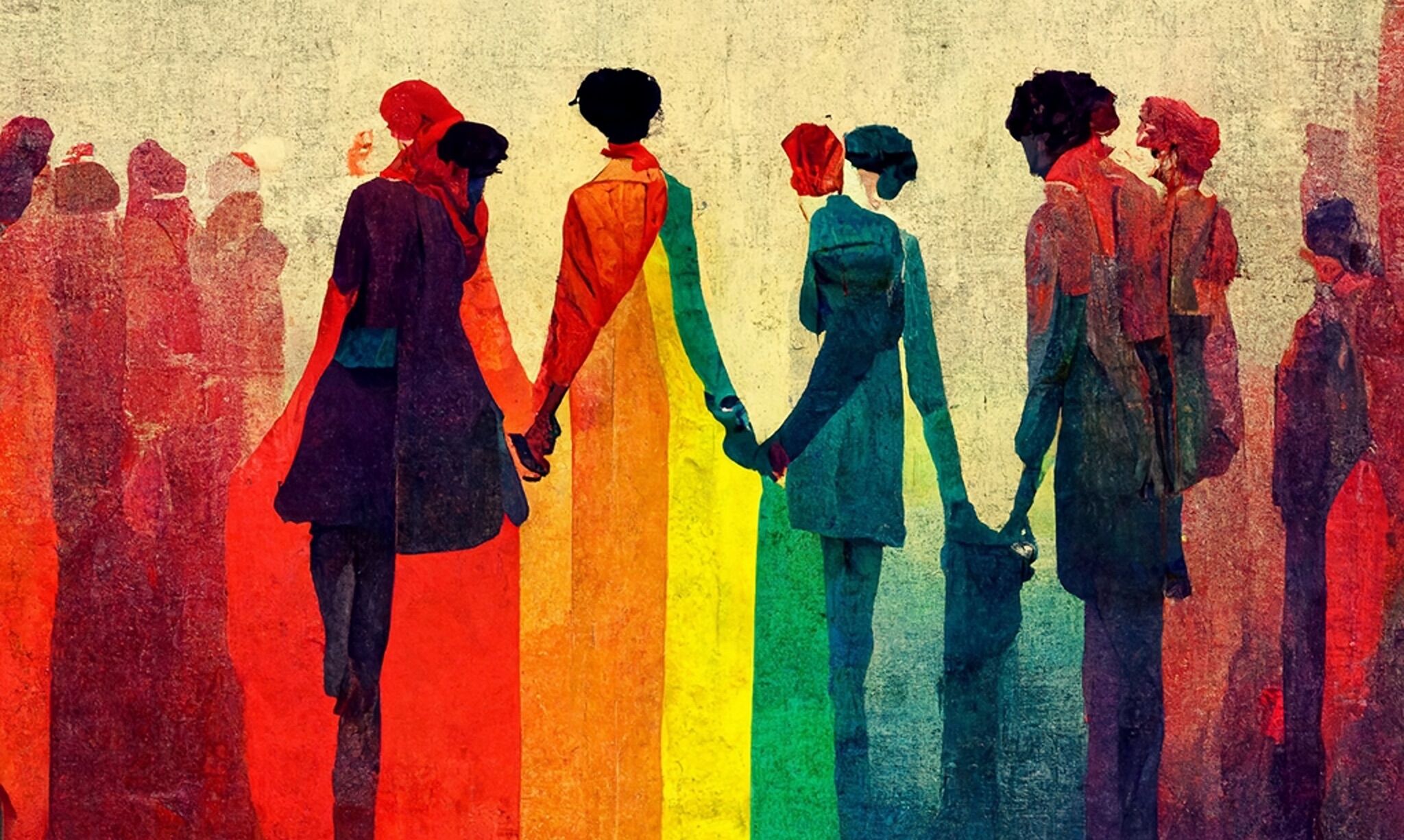 Abstract LGBTQ+ illustration, people holding hands, gathering together with gaypride colors, diverity, inclusion, love, gender, homosexuality.Painting, concept art, illustration, wallpaper