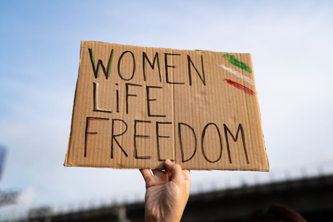 Demonstrator holding "Women, Life, Freedom" placard for Iran 
