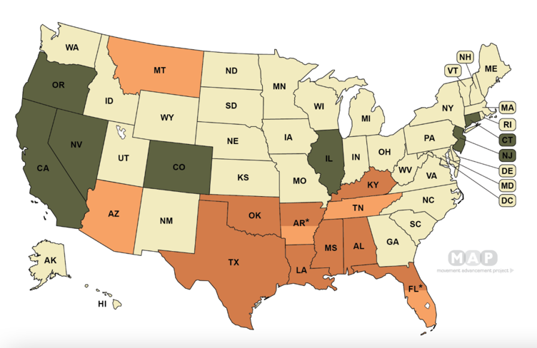 Movement Advancement Project's MAP of states based on LGBTQ+ curriculum laws
