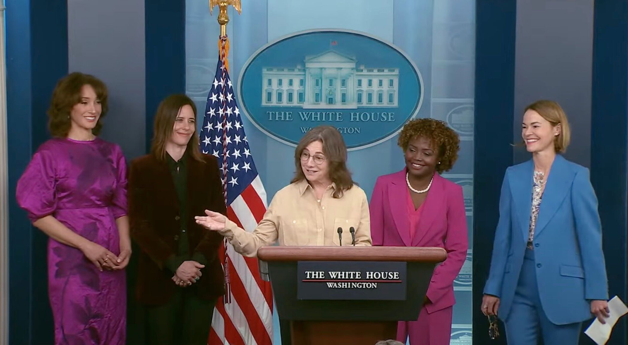 "L Word" creator Ilene Chaiken speaks at a White House press briefing surrounded by members of the "L Word" cast