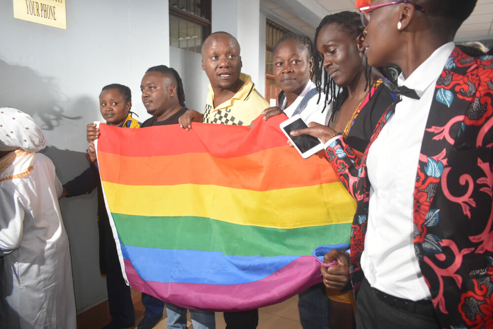 LGBTQ+ protestors outside of the Milimani High Court after the court upheld colonial era laws criminalizing gay sex at Nairobi, Kenya on May 24, 2019