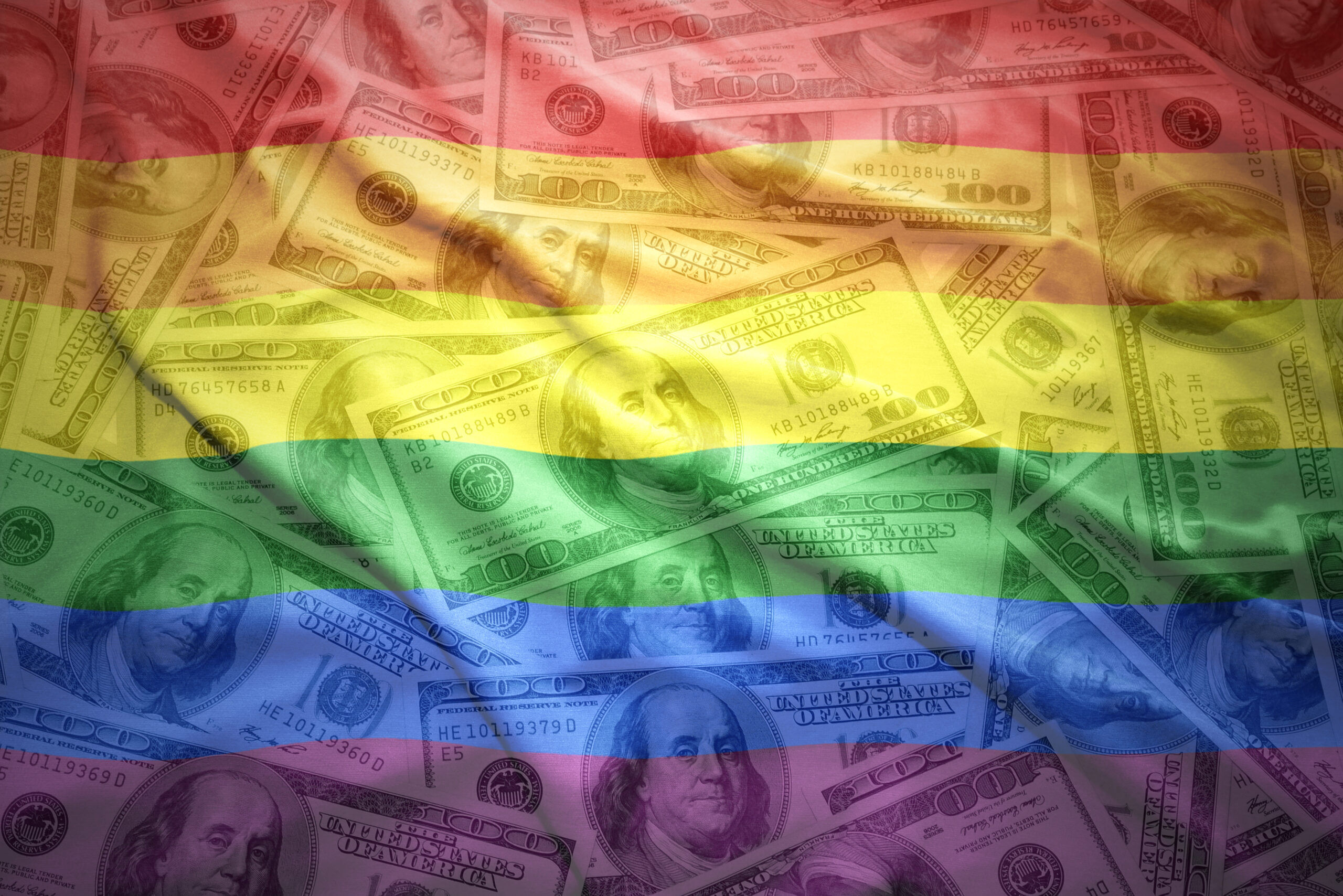 colorful waving Pride flag on an American dollar money background
