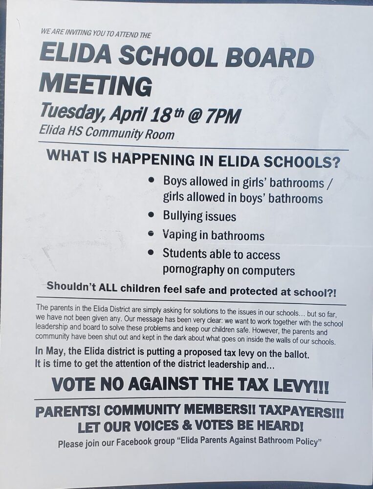 elida-school-board-meeting-flier, Elida Parents Against Bathroom Policy