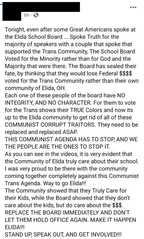 A "Elida Parents Against School Policy" Facebook post published after the April 28th school board meeting.