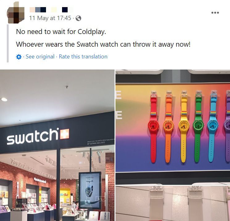 screenshot of a facebook post: "No need to wait for Coldplay. Whoever wears the Swatch watch can throw it away now!"