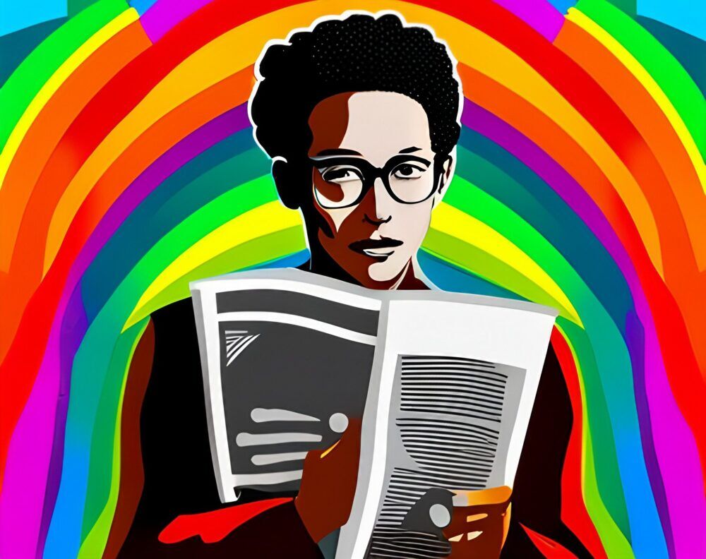 ambiguous person holding a newspaper surrounded by an abstract rainbow
