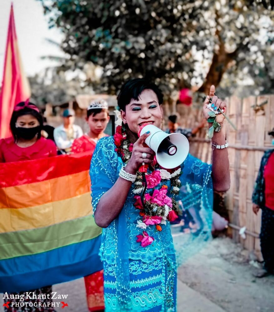 Photo from a February 2022 LGBT solidarity rally in Salingyi. The people cross-dressing in them may be LGBT themselves or may be doing it to show support for the LGBT community. Provided by Aung Khant Zaw.