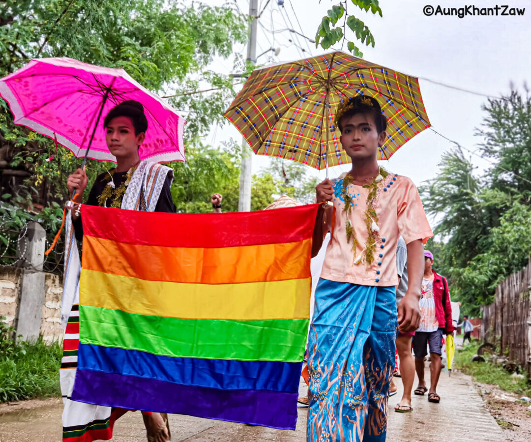 Photo from a September 2022 LGBT solidarity rally in Salingyi. The people cross-dressing in them may be LGBT themselves or may be doing it to show support for the LGBT community. Provided by Aung Khant Zaw.