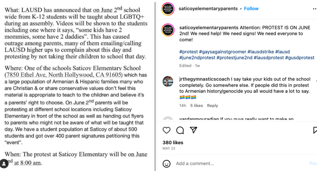 An image of a flyer posted on the Saticoy Elementary Parents' Instagram page warns parents about the school's June 2 Pride assembly.