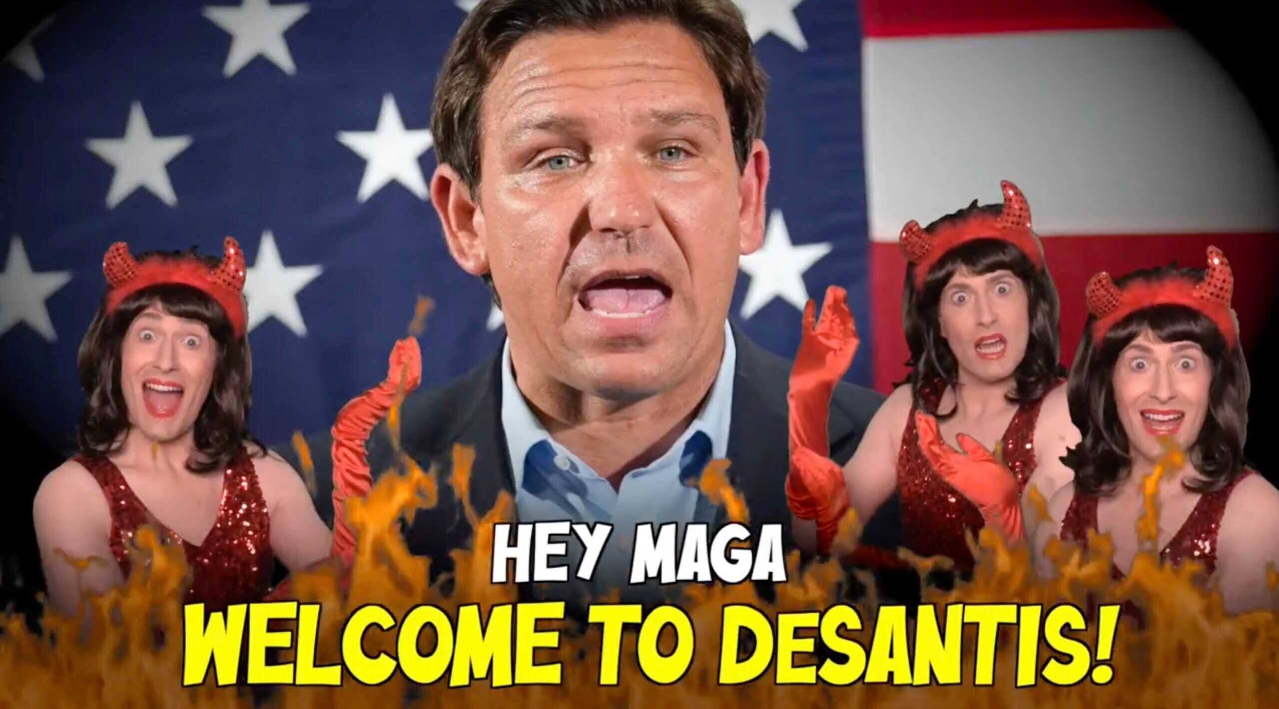 Randy Rainbow screenshot of video parodying Ron DeSantis. Several Randy's dressed as the devil point to a photo of Ron DeSantis