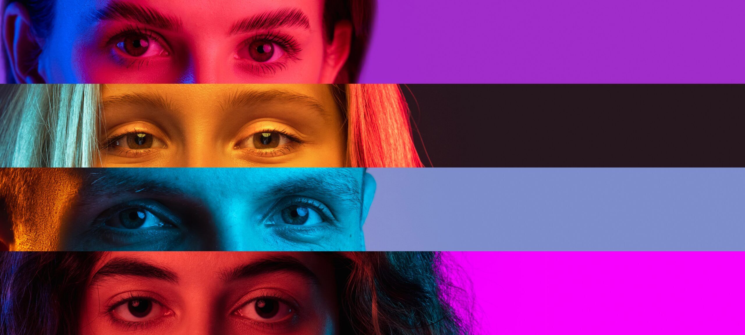 Collage of close-up male and female eyes isolated on colored backgorund. Multicolored stripes. Flyer with copy space for ads. Concept of equality, unification of all nations, ages and interests