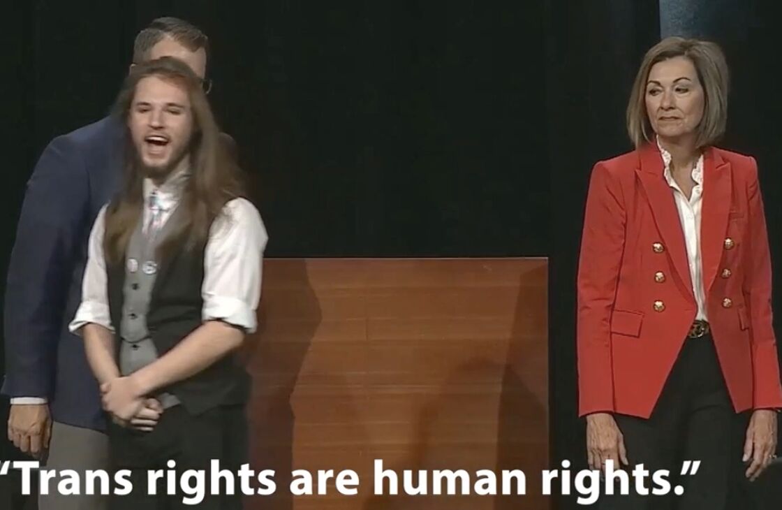 Student yells “Trans rights are human rights” in front of Iowa’s anti-trans governor