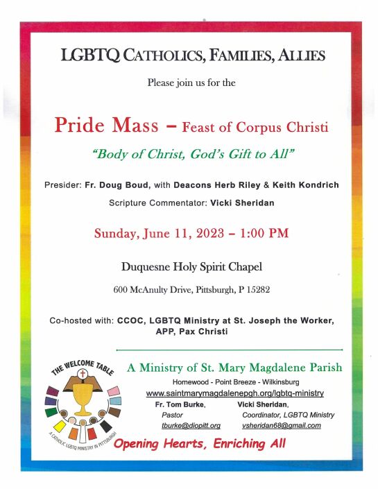 A flyer with a rainbow border billing the event as a "Pride Mass" 