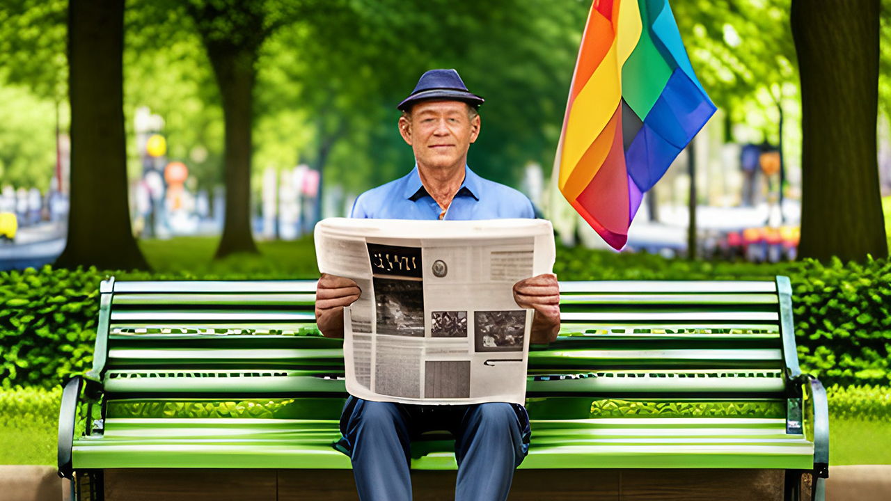 ai-generated picture of a man wearing a hat holding a newspaper in a park with a pride flag behind him