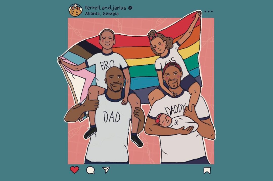 Terrell and Jarius Jospeh and their three children. Illustration by Kellie Simms for LGBTQ Nation