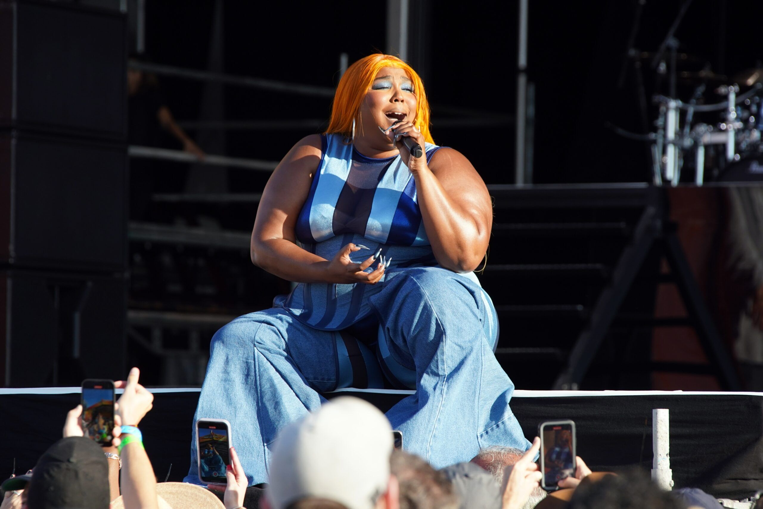 New Orleans, LA - April 28, 2023: Lizzo, an American rapper, singer and actress, headlines the "Festival Stage" at the 2023 New Orleans Jazz and Heritage Festival.
