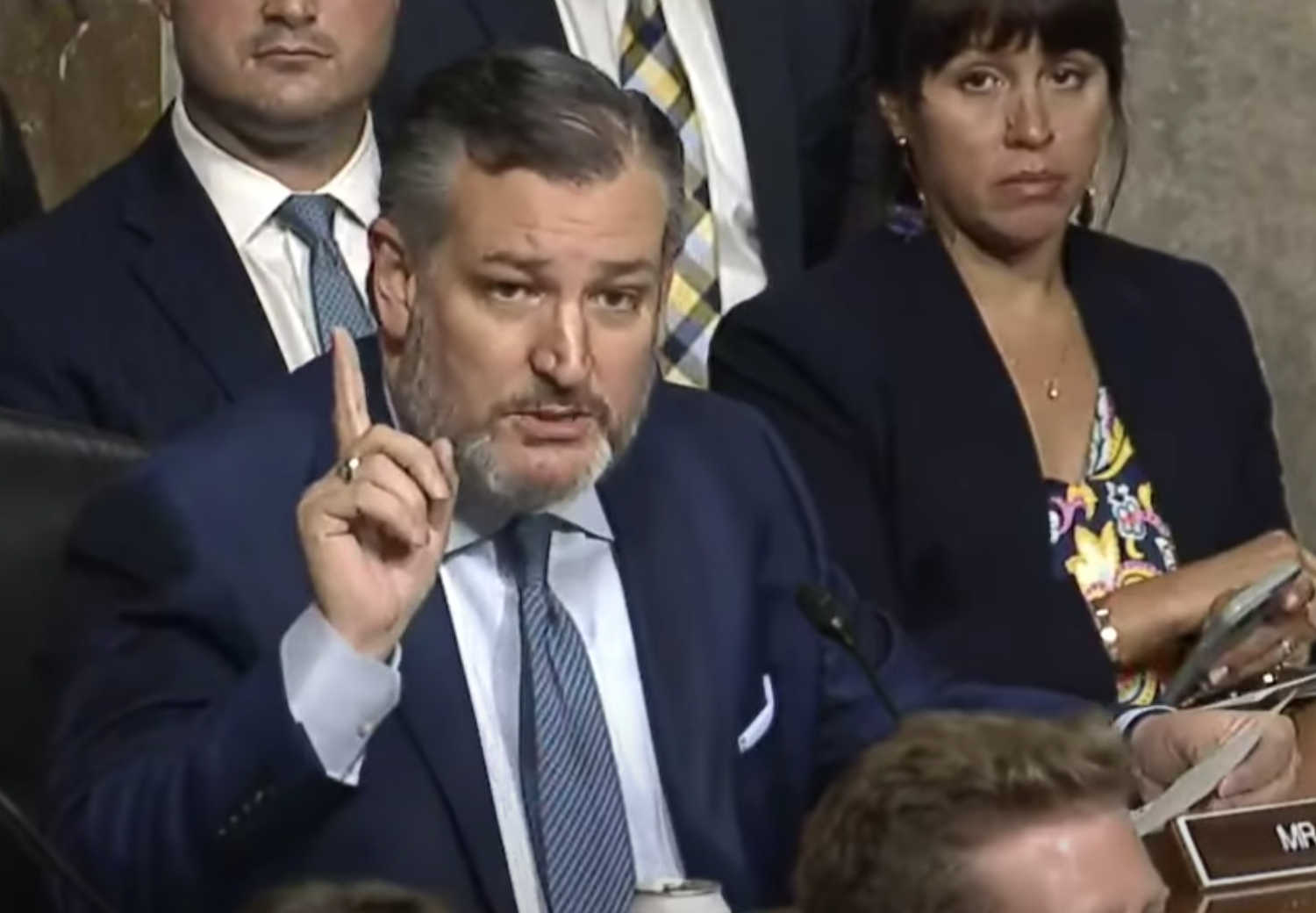 Sen. Ted Cruz (R-TX), a pudgy light-skinned salt-and-pepper haired man with a silvery beard, wears a suit and tie while pointing his finger upward as he talks in Congress, surrounded by formally dressed colleagues