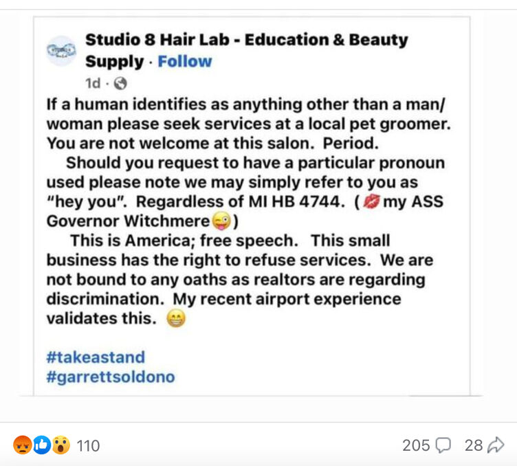 Studio 8 Hair Lab's original Facebook post