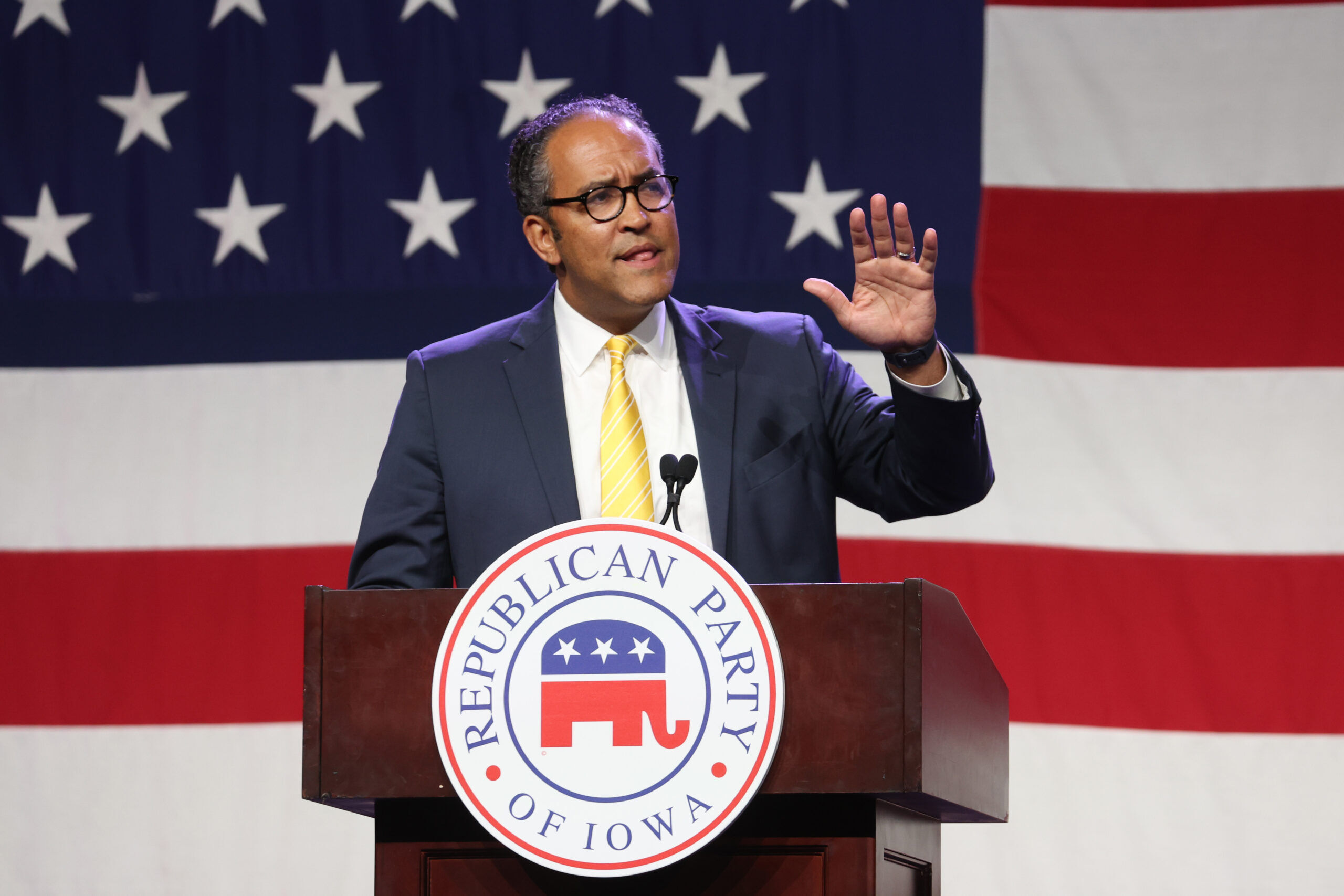 DES MOINES, IOWA - JULY 28: Republican presidential candidate former Texas Congressman Will Hurd speaks to guests at the Republican Party of Iowa 2023 Lincoln Dinner on July 28, 2023 in Des Moines, Iowa. Thirteen Republican presidential candidates were scheduled to speak at the event.